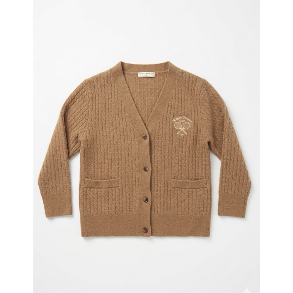Morgan Stewart Sport Sweater Women Brown SzM Cashmere Cable Knit Tennis Cardigan